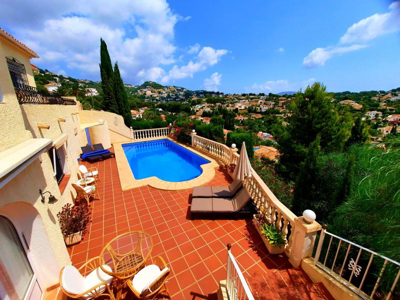 Pool and terracotta sun terrace from above